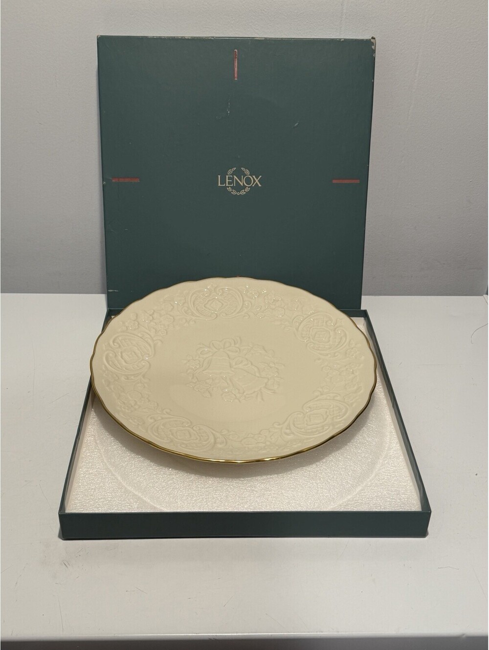 The Lenox China Marriage Plate Embossed Wedding Bell & Floral Design Gold Edge